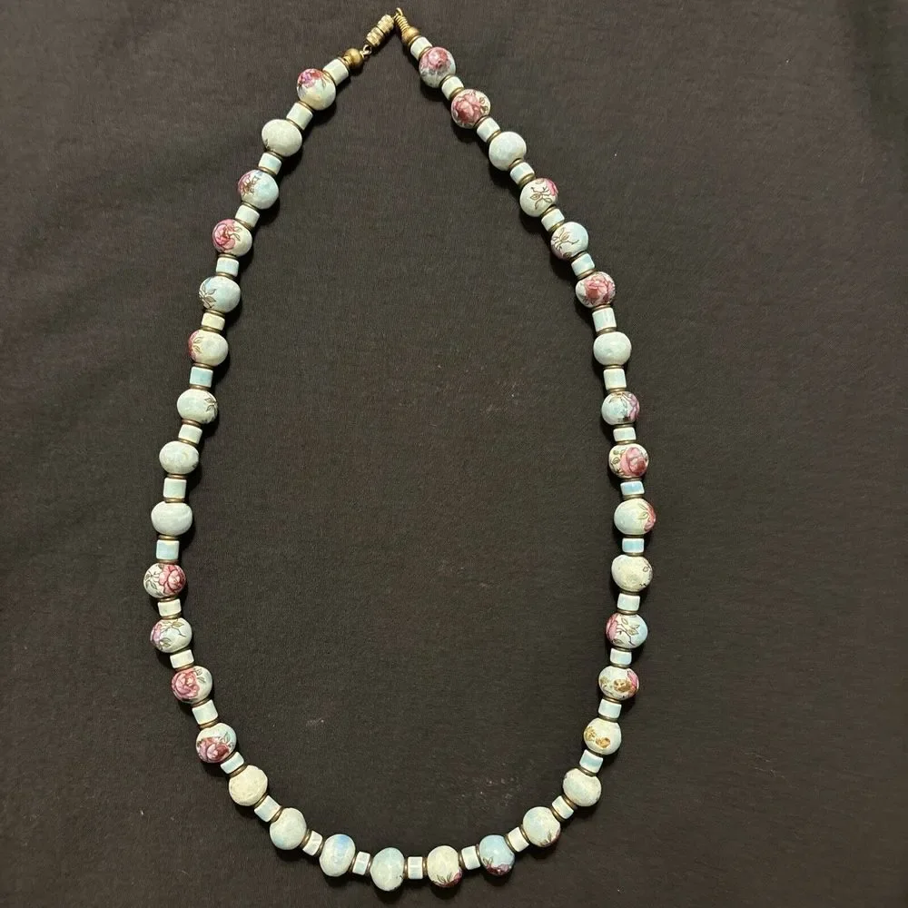 Vintage Hand Painted Porcelain Bead Necklace Turquoise Color Blue With Roses